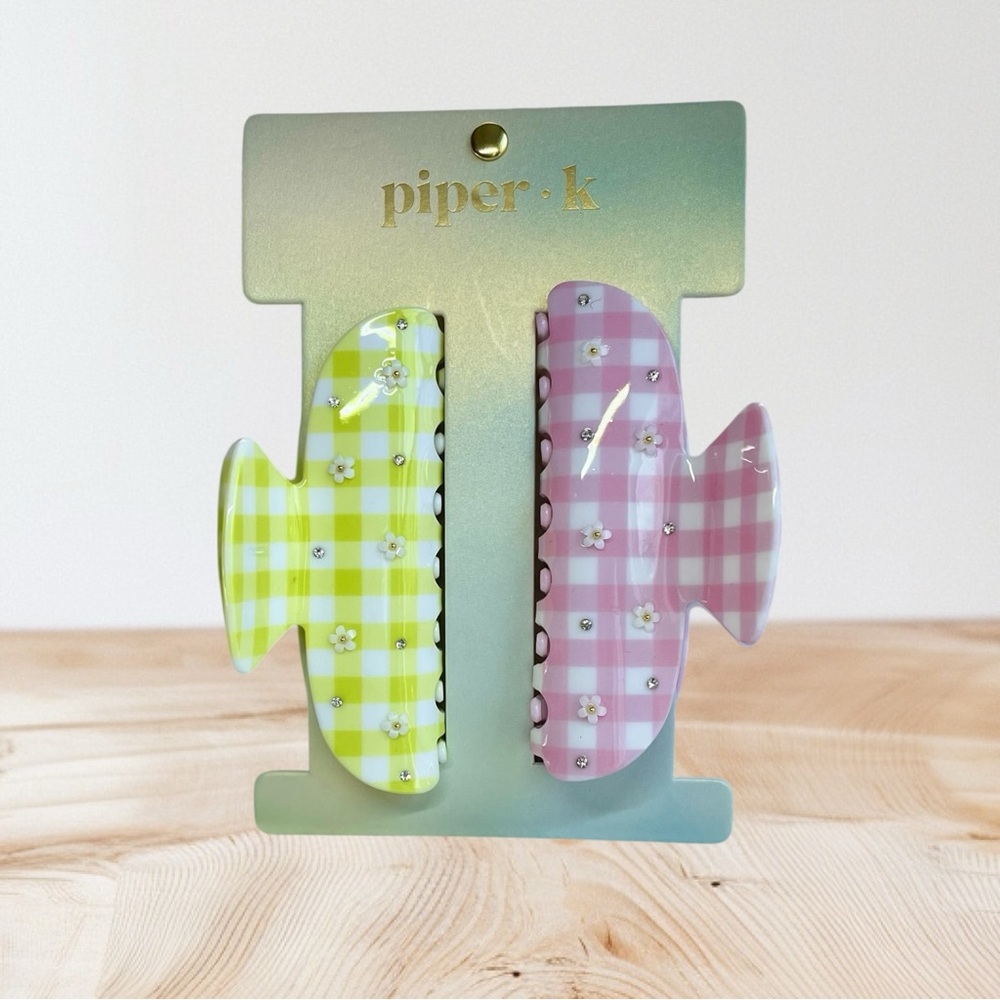 Piper k Gingham Design XL Hair Clips - Green and Pink